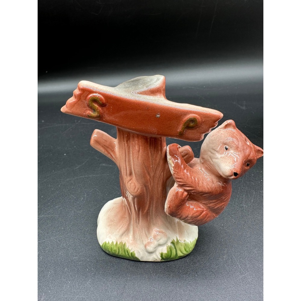 Vintage Bear Tree Trunk Salt Pepper Shaker Set Ceramic Brown Green Kitchen Decor